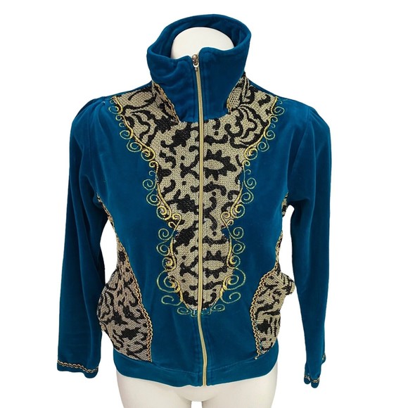 Koc & Grup womens Track Jacket Medium Velour Turquoise Blue Zip Up Mock Neck - Picture 4 of 12